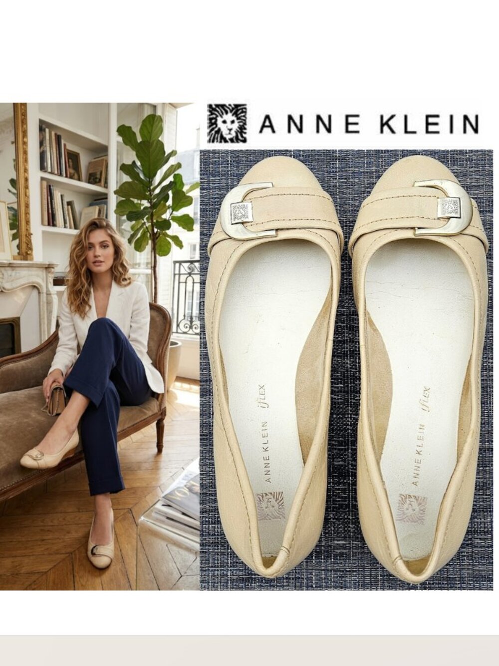 ANNE KLEIN - iflex low wedge flats in cream with front monogram buckle
